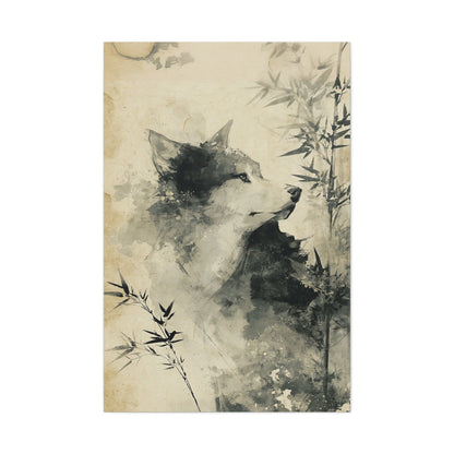 Tableau Loup Sumi-e - Encre du Mont Fuji - mise en scène entrée moderne