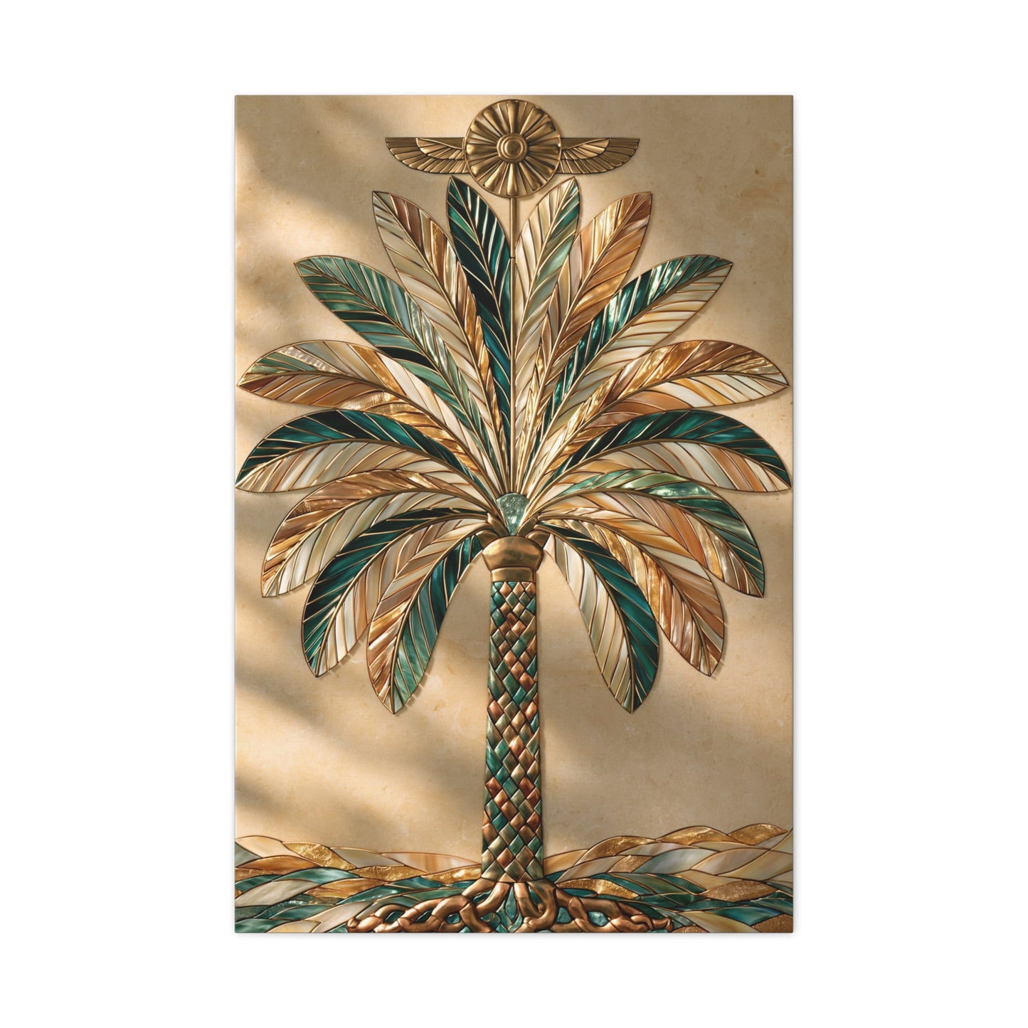 Tableau Arbre Sacré Assyrien, un palmier sacré stylisé sous un symbole solaire ailé, format XL - Art Virtuoso