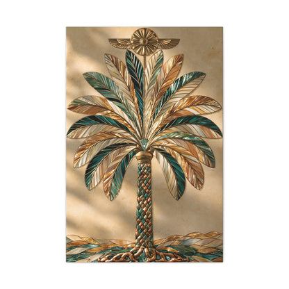 Tableau Arbre Sacré Assyrien, un palmier sacré stylisé sous un symbole solaire ailé, format XL - Art Virtuoso