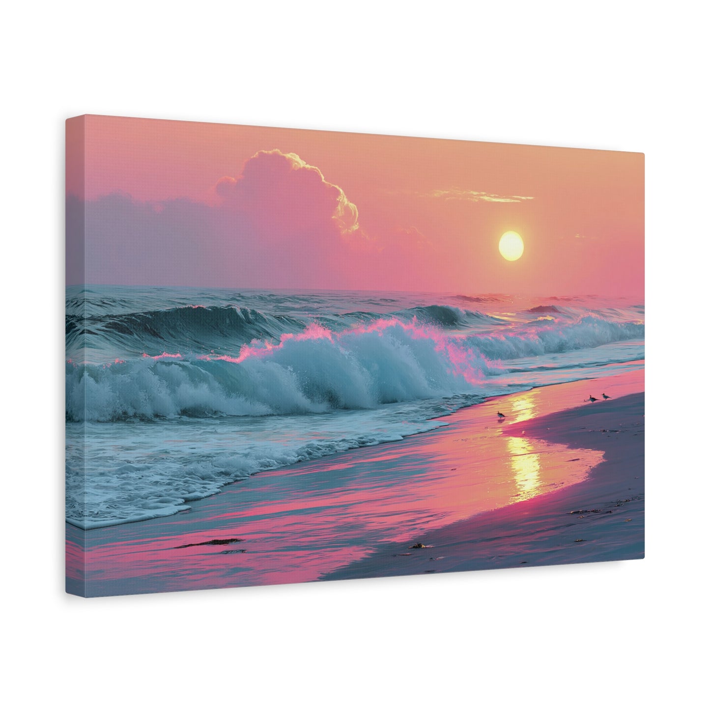 Plage au coucher de soleil pastel avec vague ecume rose et reflet dore - Art Virtuoso - vue 6/20