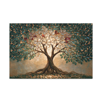 Tableau Arbre de Vie Mariage, un arbre aux feuilles métalliques et aux racines entrelacées, format L - Art Virtuoso