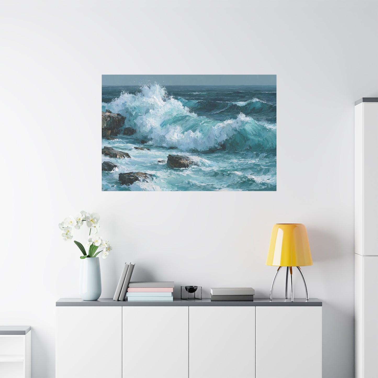 Vague turquoise puissante qui se brise sur des rochers sombres - Art Virtuoso - vue 19/20