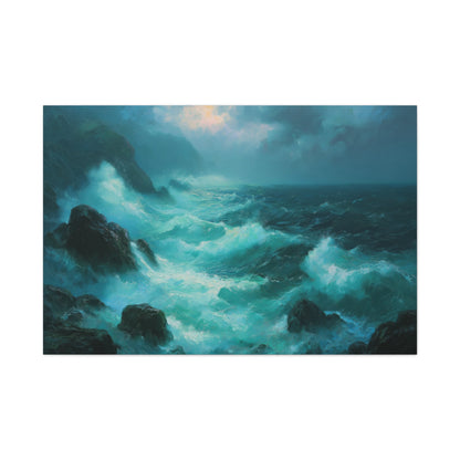 Mer agitee turquoise avec rochers noirs ecume blanche et ciel de tempete - Art Virtuoso - vue 5/20
