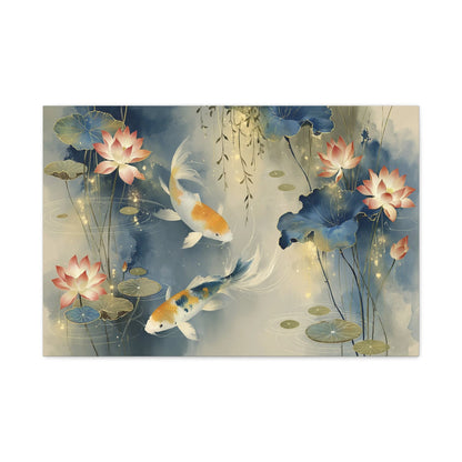 Tableau Carpes koï étang étoilé d'or palette bleu Prusse