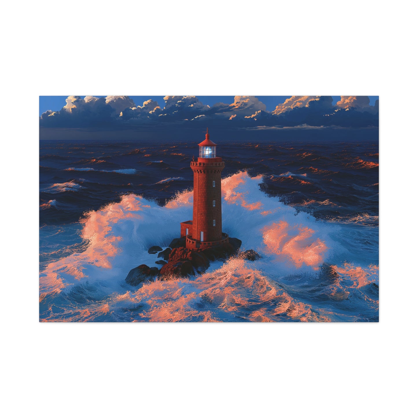 Phare rouge breton dans une tempete avec vagues puissantes et faisceau bleu - Art Virtuoso - vue 5/20