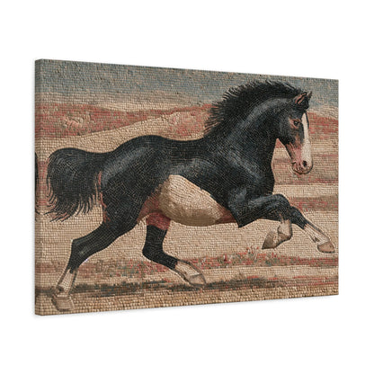 Tableau en Mosaïque Cheval Romain au Galop - Course Antique - mise en scène mur pierre apparente