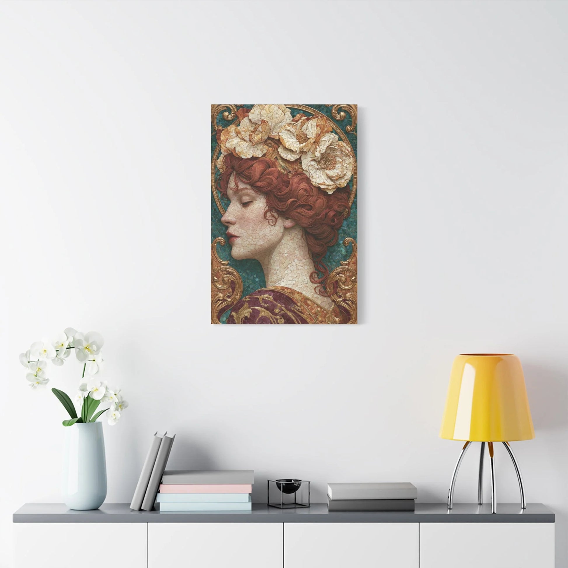 Tableau en Mosaïque Art Nouveau Femme Fleurie - Couronne Mucha - grand format salon spacieux
