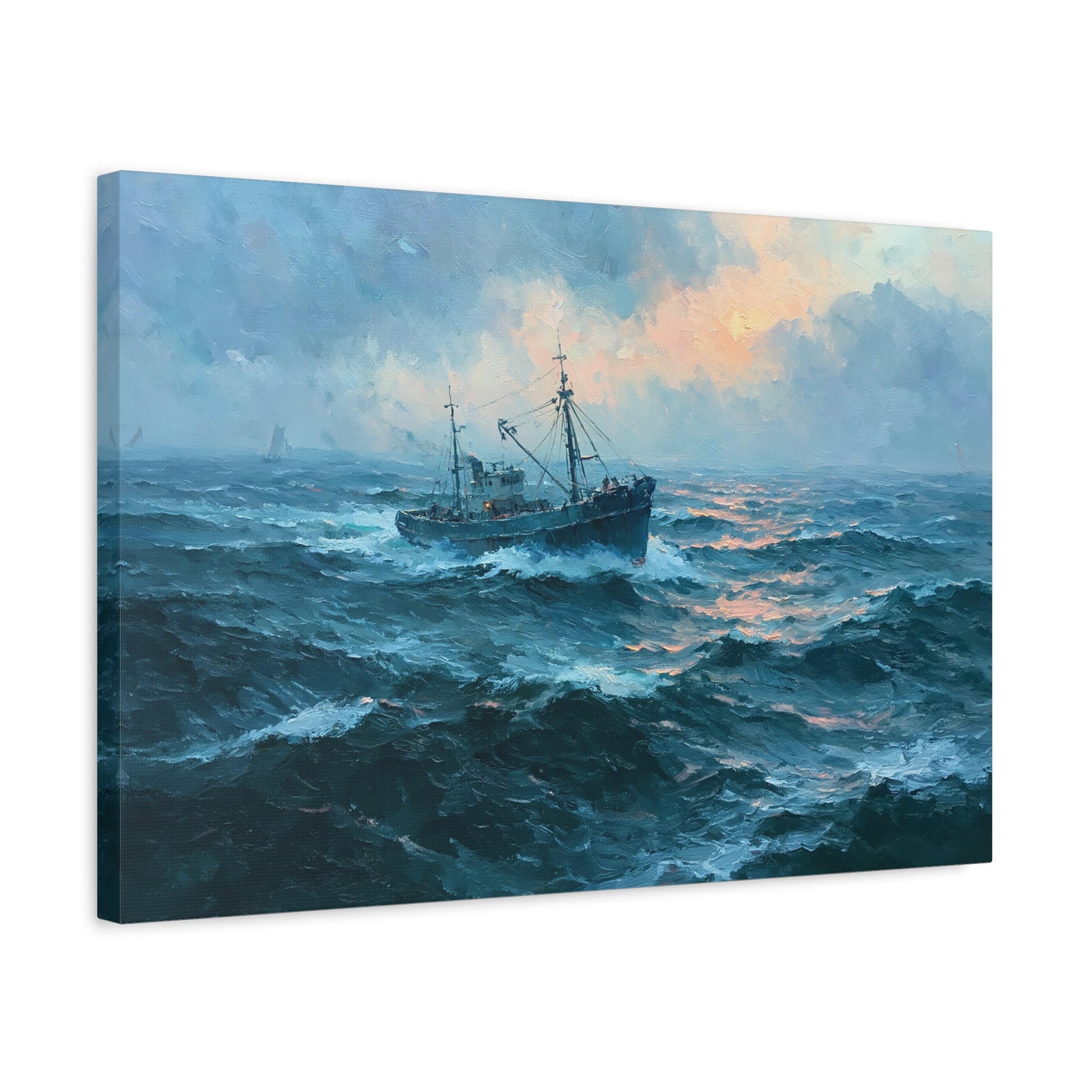 Chalutier sombre avançant dans la houle bleu vert sous un ciel lumineux - Art Virtuoso - vue 9/20