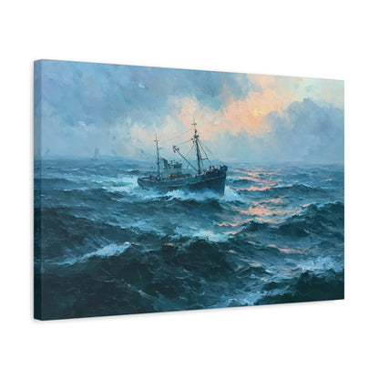 Chalutier sombre avançant dans la houle bleu vert sous un ciel lumineux - Art Virtuoso - vue 9/20