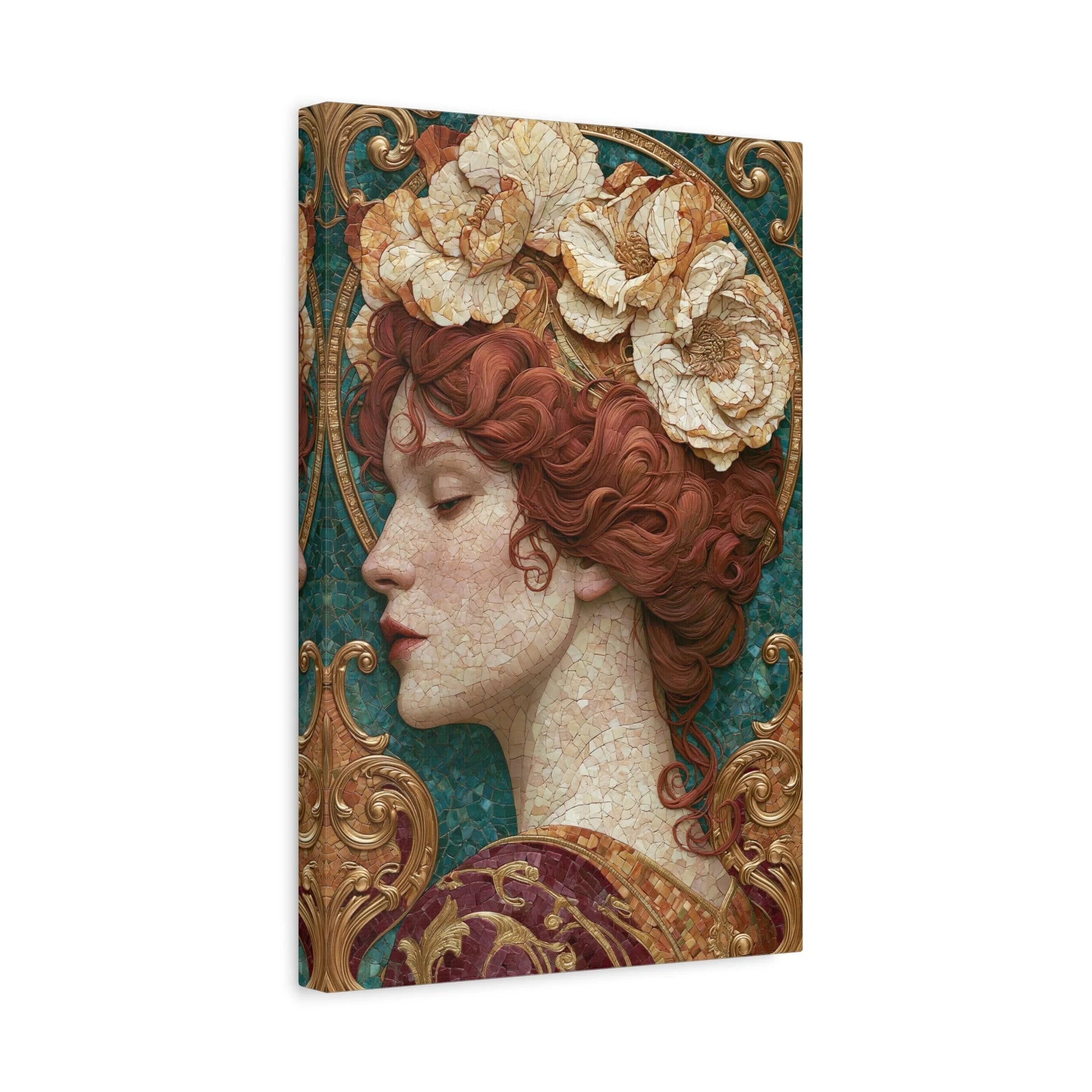 Tableau en Mosaïque Art Nouveau Femme Fleurie - Couronne Mucha - ambiance chambre adolescent