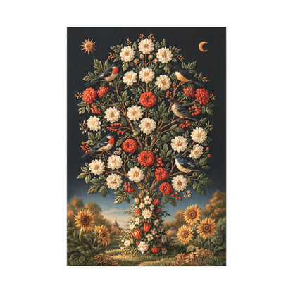 Tableau Világfa Arbre de Vie Hongrois, un arbre floral vertical sur fond noir, accompagné d’un soleil et d’une lune, format XXL - Art Virtuoso