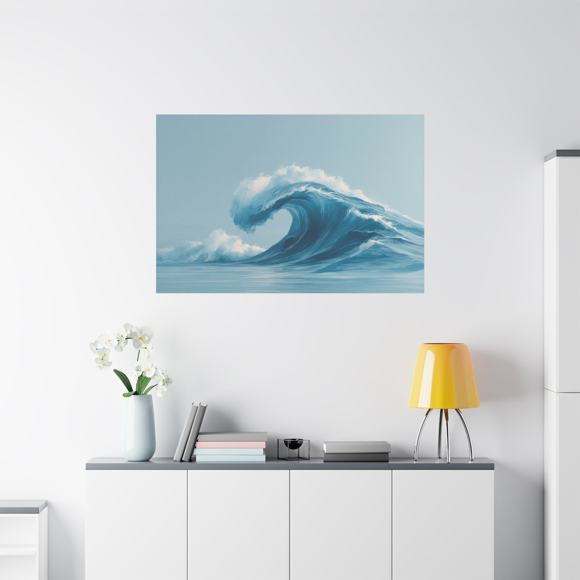 Grande vague bleue minimaliste avec ecume blanche sur fond clair - Art Virtuoso - vue 19/20