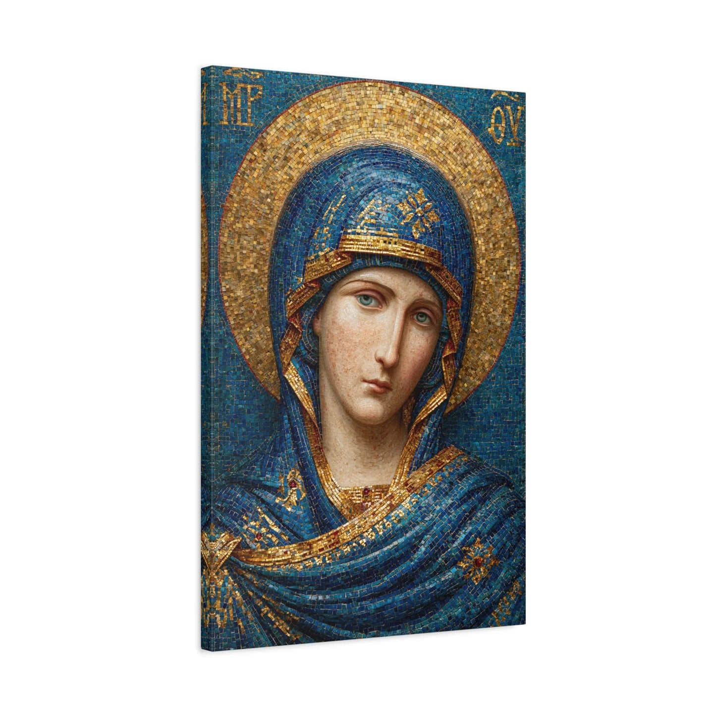 Tableau en Mosaïque Icône Vierge Chrétienne - Silence Doré - mise en scène mur pierre apparente