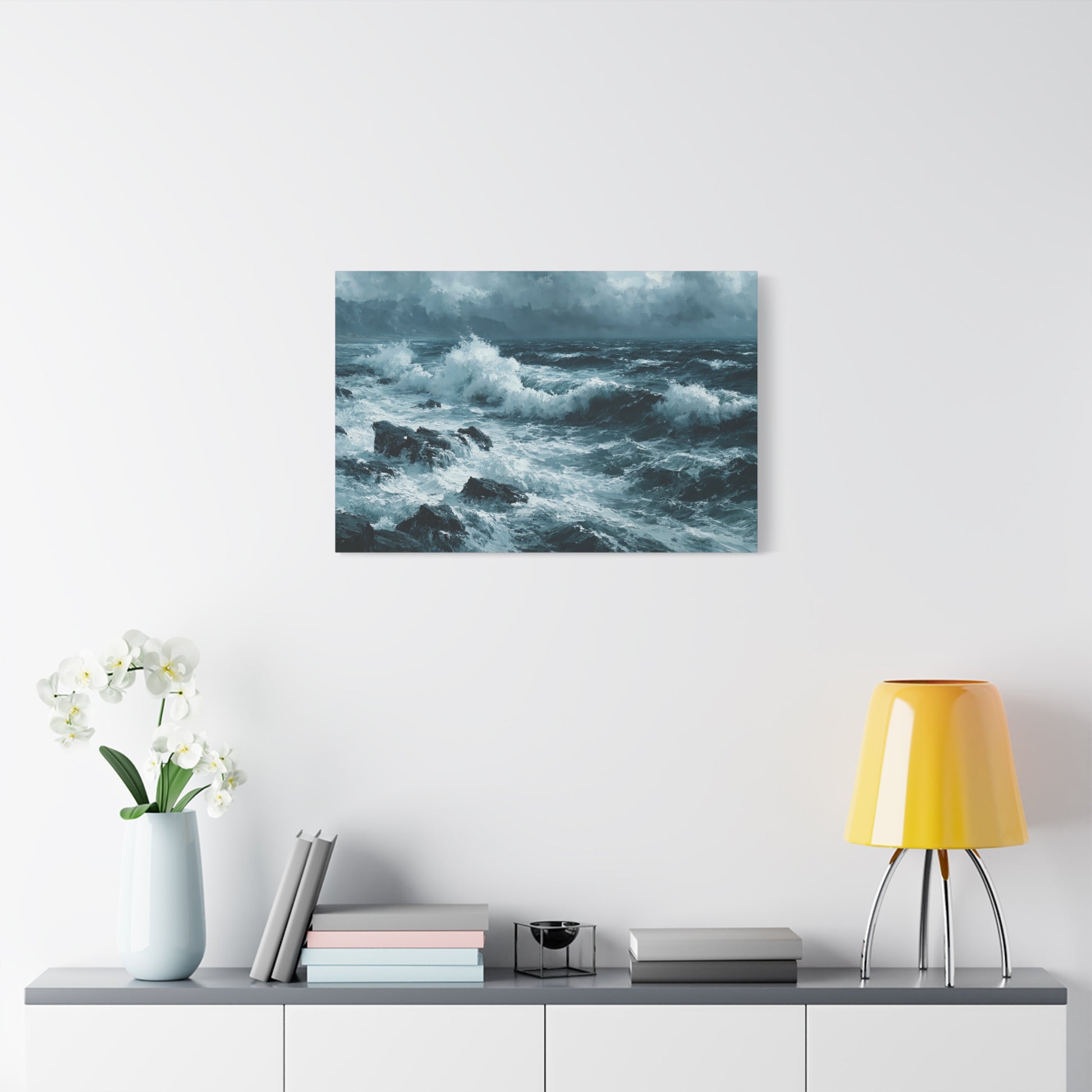 Mer noire et blanche agitee avec rochers sombres et ressac puissant - Art Virtuoso - vue 13/20