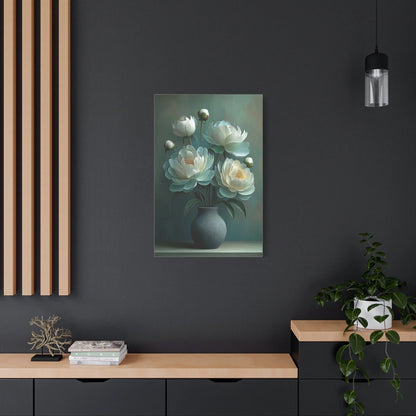 Tableau Bouquet pivoines vert sauge atmosphère lumière dorée