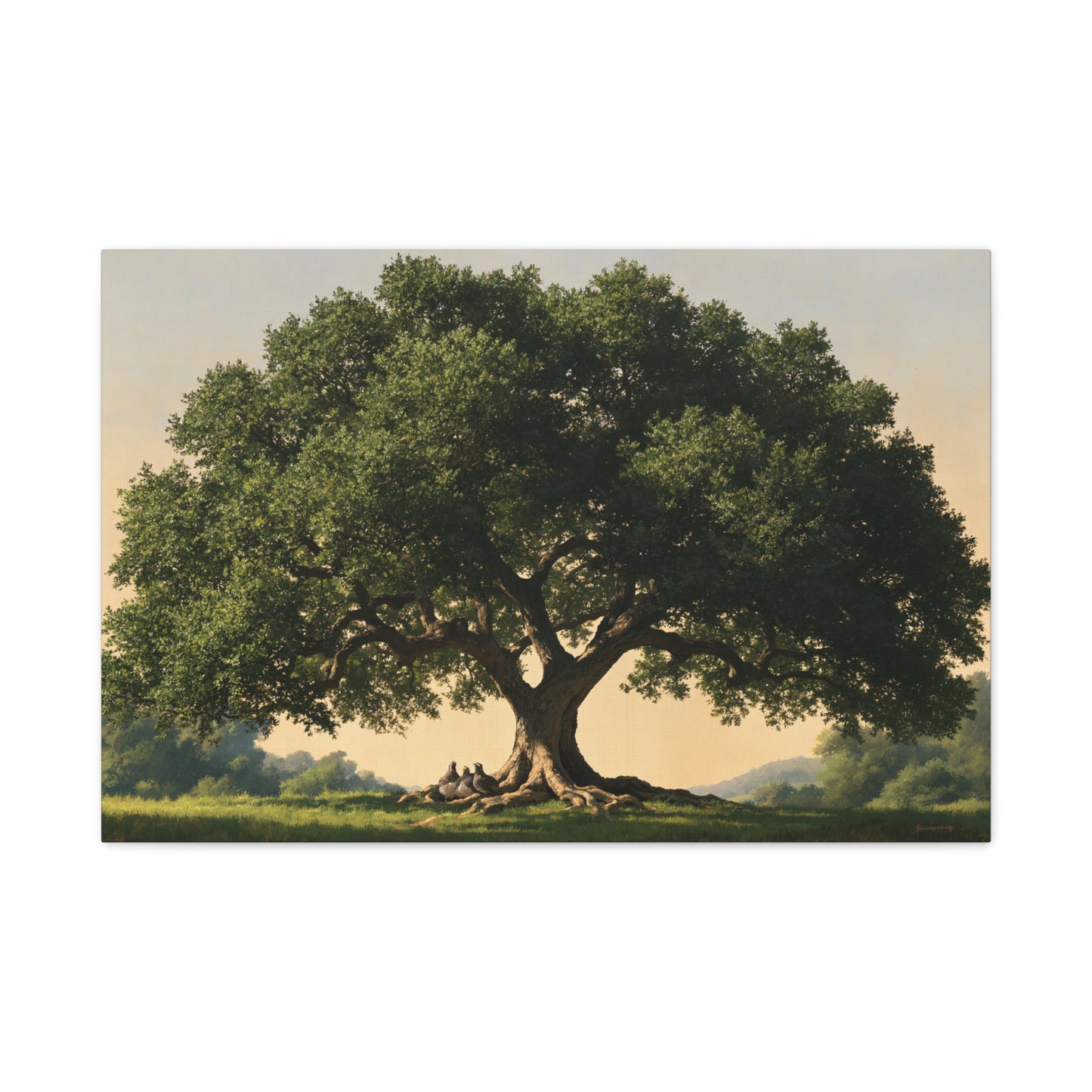 Tableau Arbre de Vie Famille, un grand chêne verdoyant installé dans une campagne lumineuse, format L - Art Virtuoso