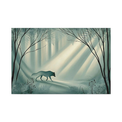 Tableau Loup en Forêt de Mousse - Vert Sauge Profond - mise en scène entrée moderne
