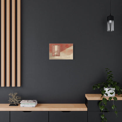 Toile imprimée fenêtre méditerranéenne — palette ocre et rouge brique