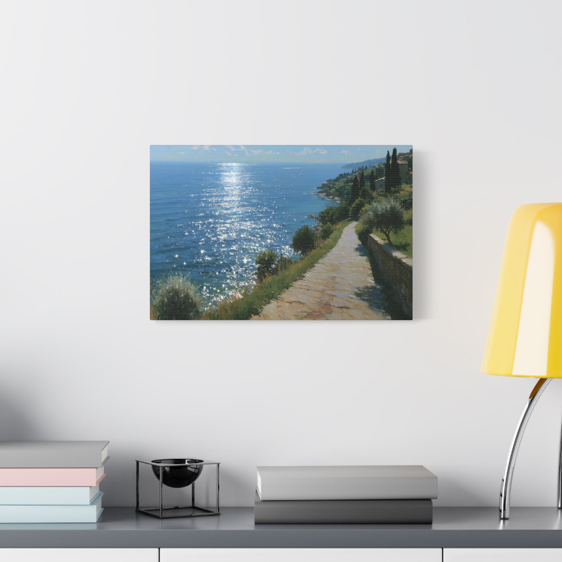 Promenade mediterraneenne avec cypres et soleil brillant sur la mer - Art Virtuoso - vue 7/20