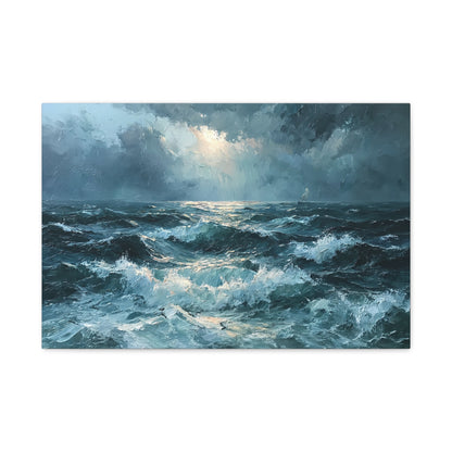 Mer houleuse sombre sous un ciel orageux avec petit voilier a l horizon - Art Virtuoso - vue 2/20