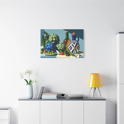 Tableau Nature Morte Artichauts Olives Asperges Vert Sauge - Marché Végétal - ambiance loft haut de plafond