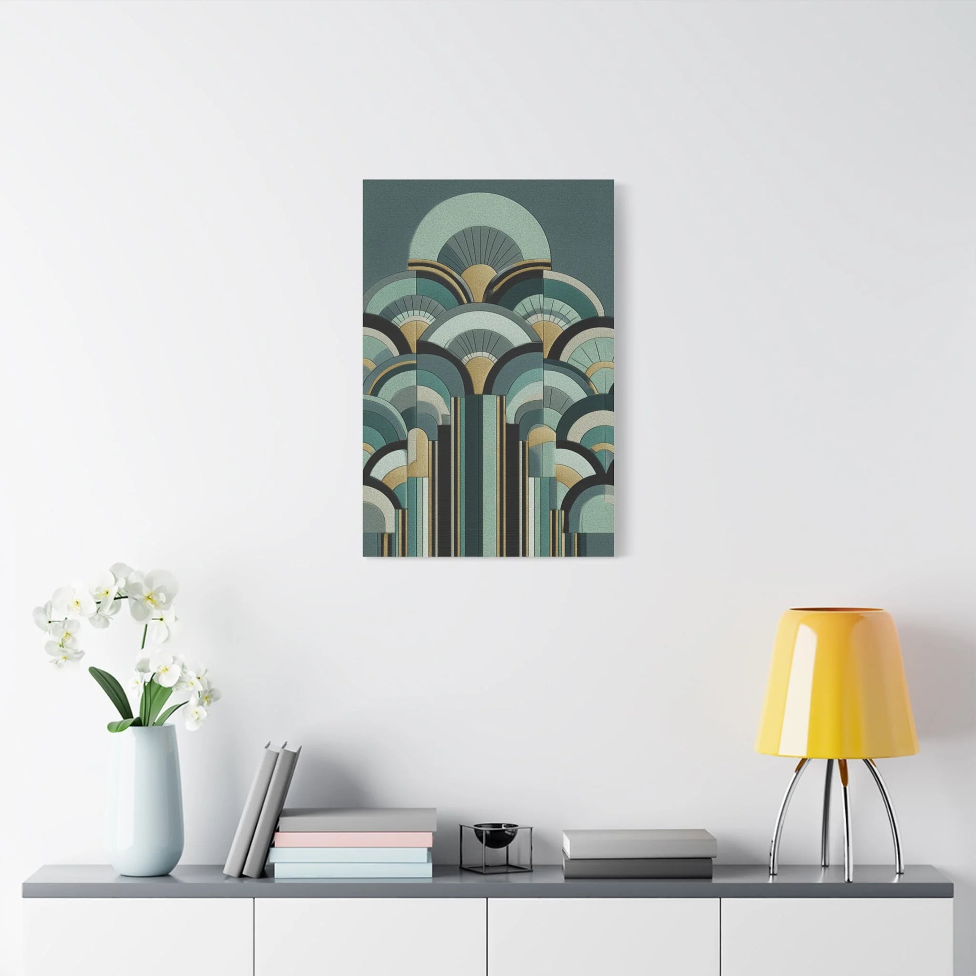Tableau Art Déco vert sauge format vertical mur haut