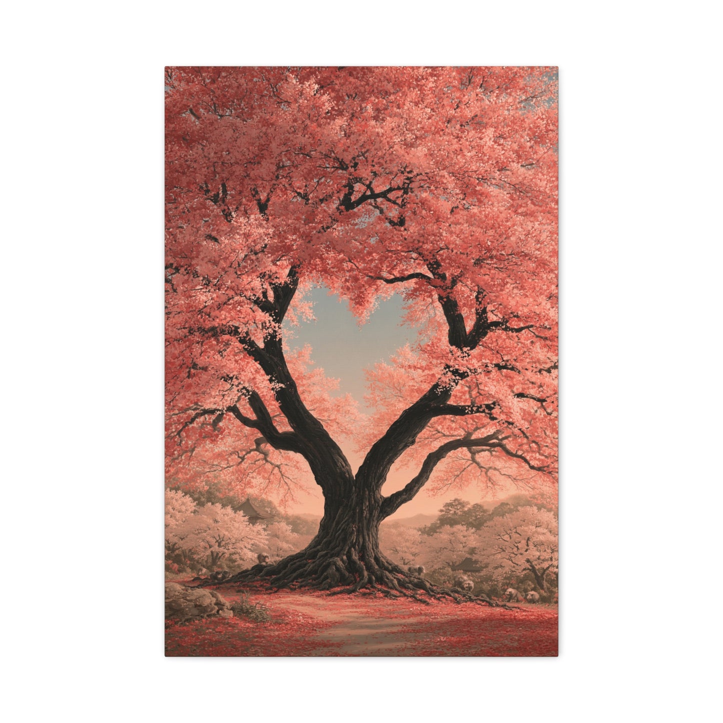 Tableau Arbre de Vie Cœur, un arbre rose dont le vide central dessine un cœur, format L - Art Virtuoso
