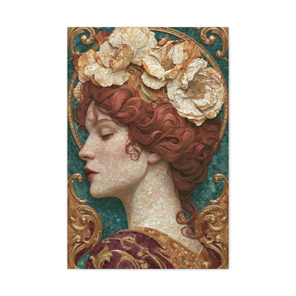Tableau en Mosaïque Art Nouveau Femme Fleurie - Couronne Mucha - intégration salon scandinave