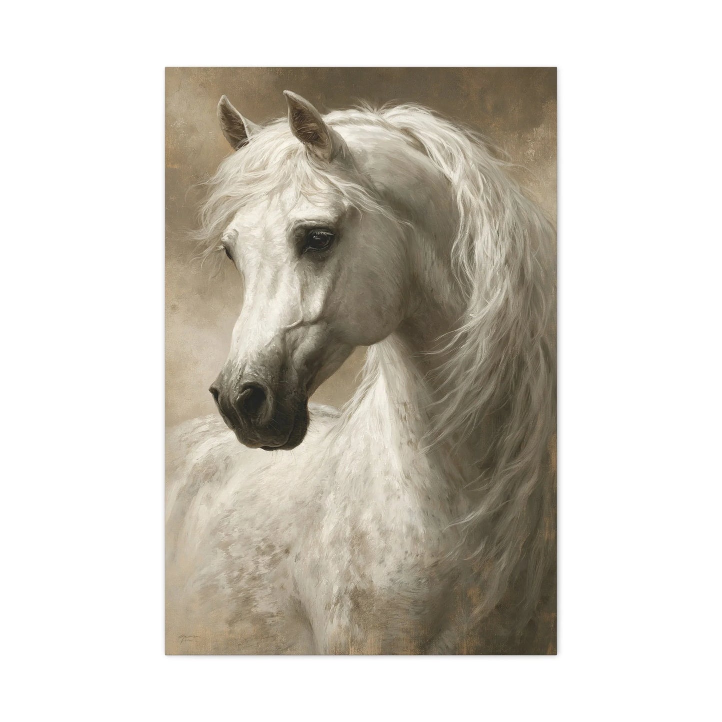 Cheval arabe blanc accroché dans un salon contemporain
