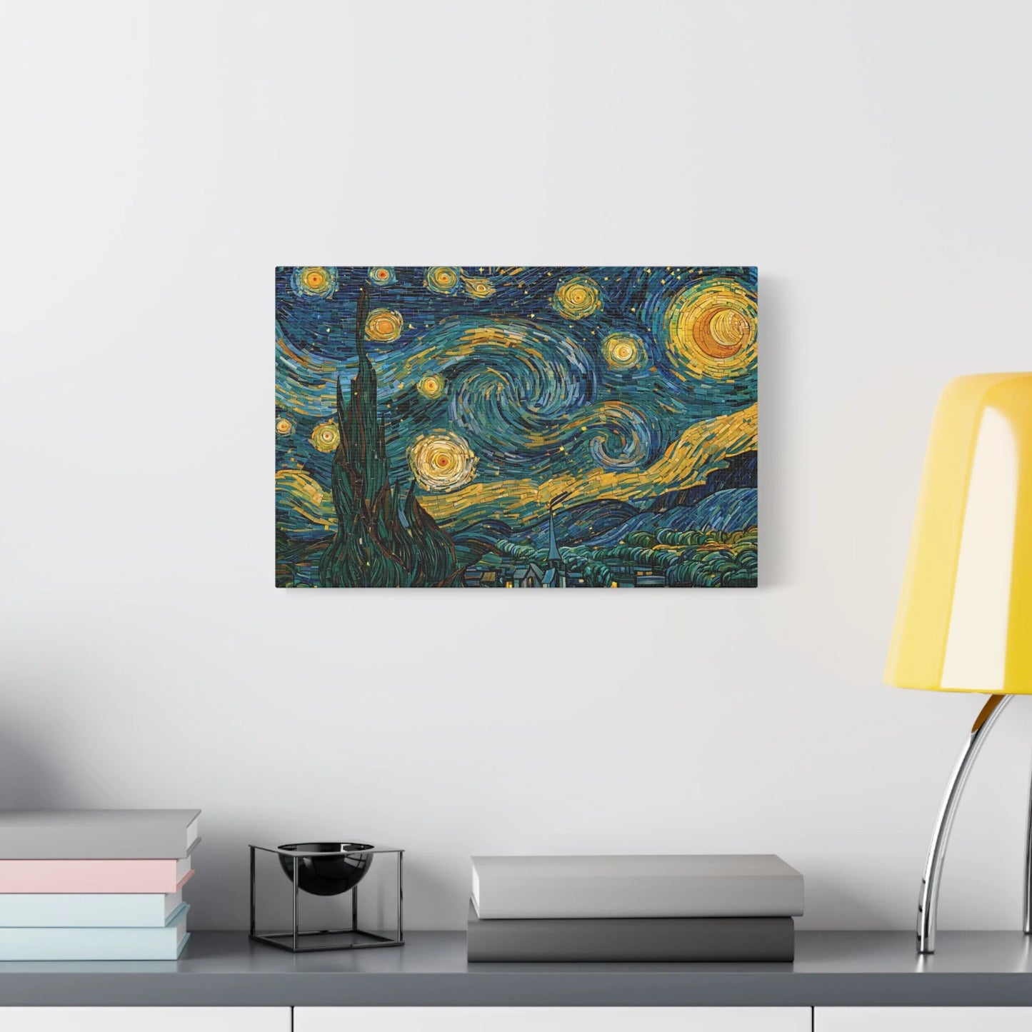 Tableau en Mosaïque Ciel Étoilé Tourbillon - Nuit de Tesselles - décor salon contemporain bois