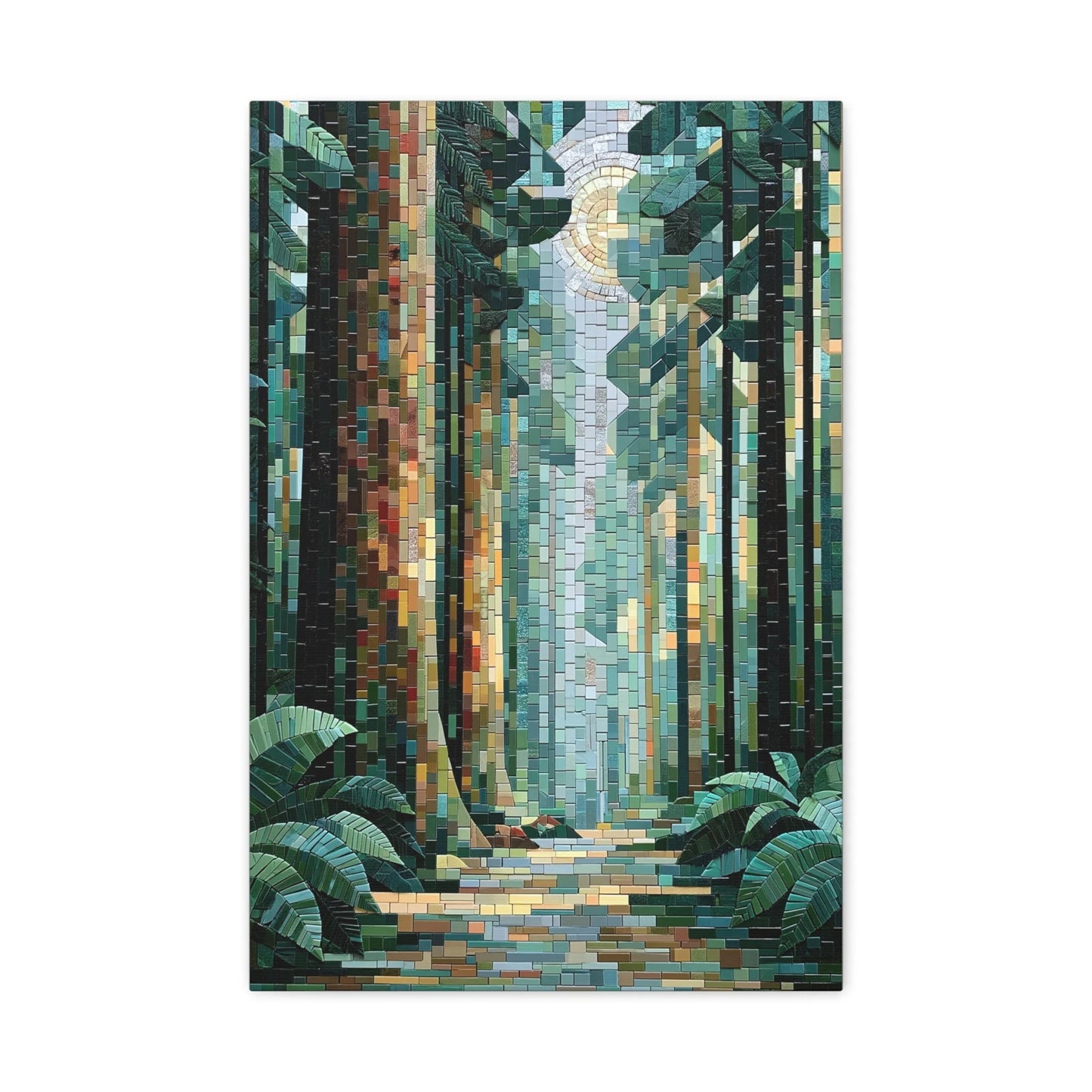 Tableau en Mosaïque Forêt Vert Sauge - Sous-Bois Secret - vue mur blanc minimaliste