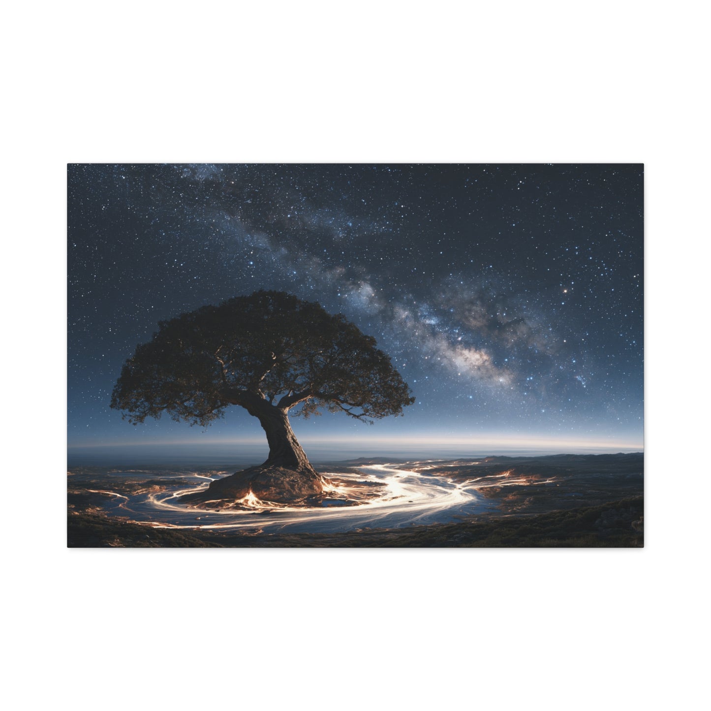 Tableau Arbre de Vie Cosmique, un arbre sombre dont la cime rejoint la Voie lactée, format XL - Art Virtuoso