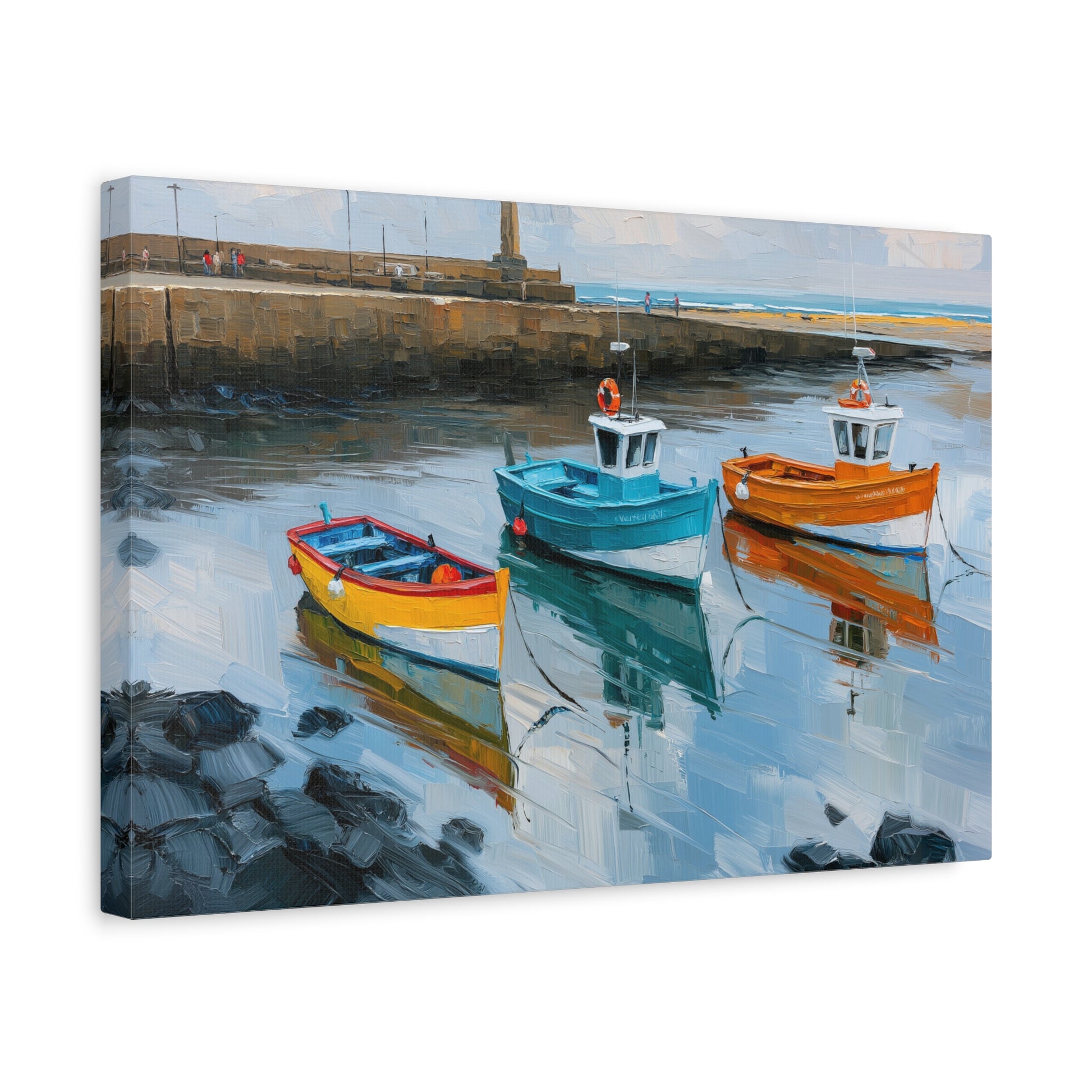 Port breton avec trois barques colorees et reflets dans l eau calme - Art Virtuoso - vue 6/20