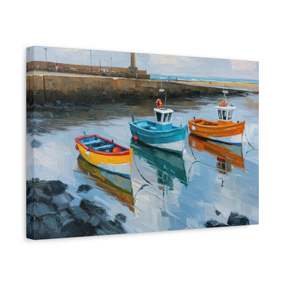 Port breton avec trois barques colorees et reflets dans l eau calme - Art Virtuoso - vue 6/20
