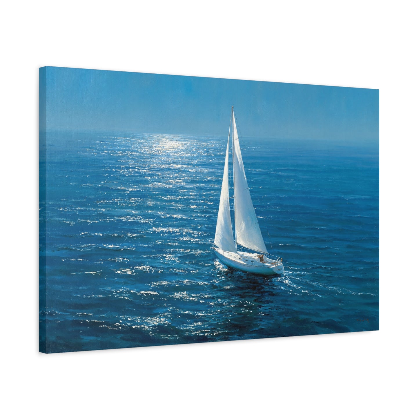 Voilier blanc seul sur ocean bleu profond avec reflet lumineux - Art Virtuoso - vue 12/20