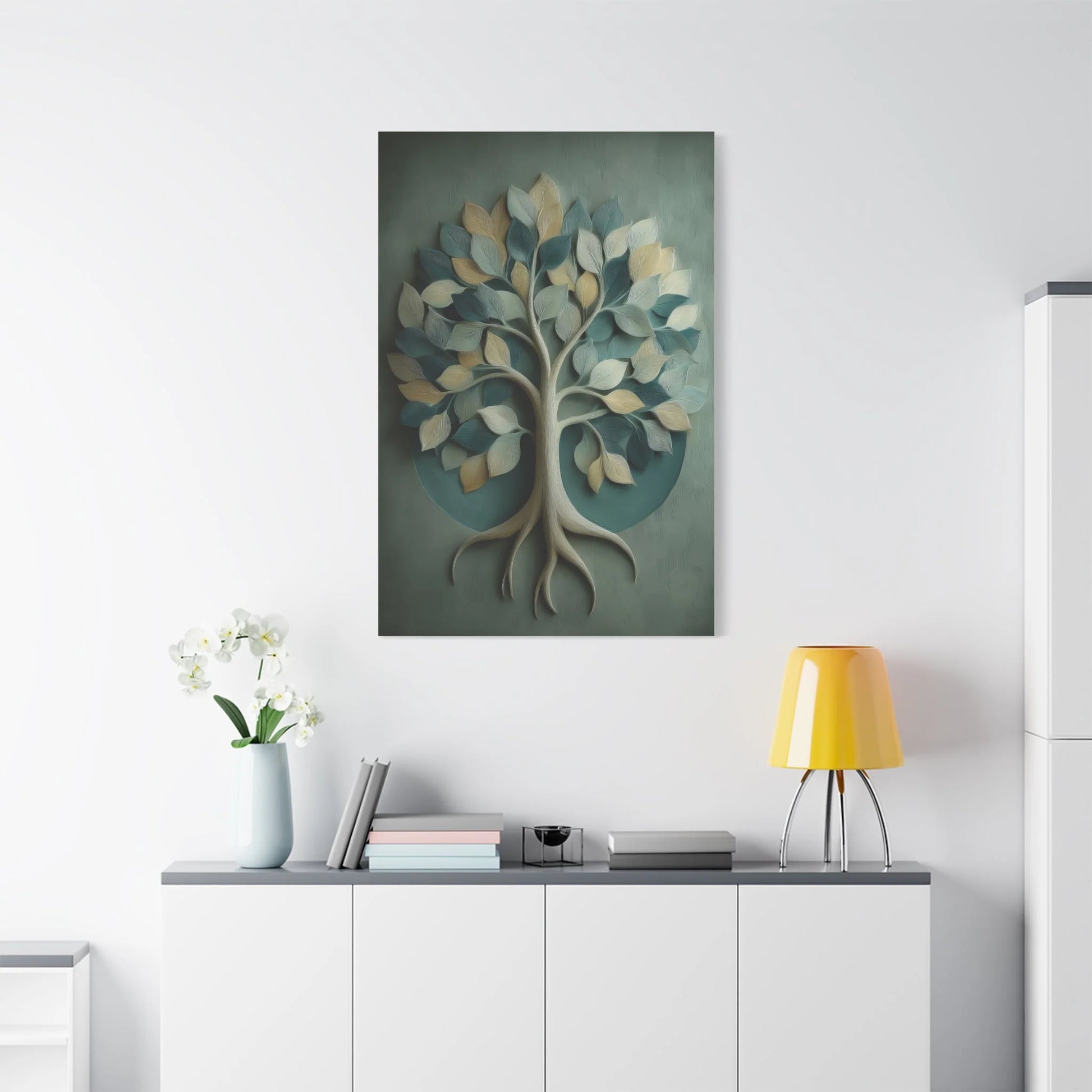 Tableau Arbre de vie vert sauge dans un salon contemporain