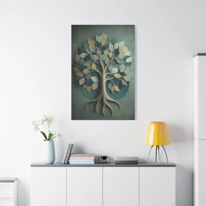 Tableau Arbre de vie vert sauge dans un salon contemporain