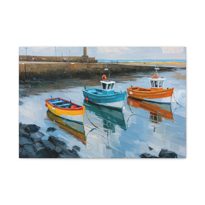 Port breton avec trois barques colorees et reflets dans l eau calme - Art Virtuoso - vue 2/20