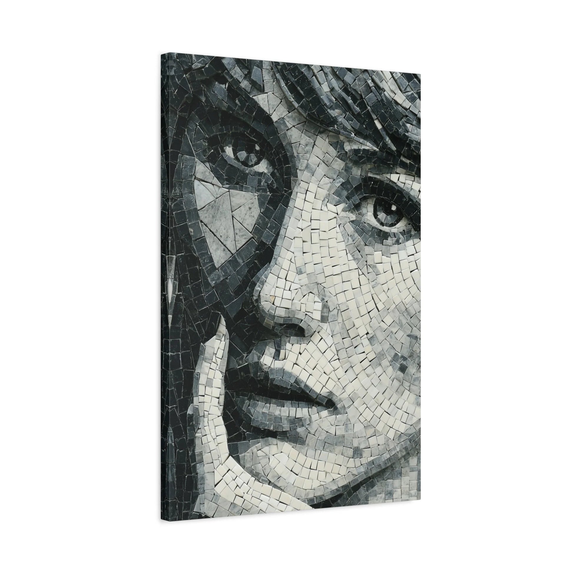 Tableau en Mosaïque Portrait Géométrique Noir Blanc - Visage Fragmenté - mise en scène mur pierre apparente