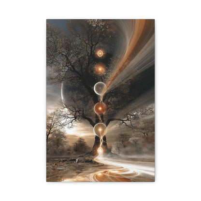 Tableau Arbre de Vie Kabbale, un arbre vertical traversé de sphères lumineuses dans un paysage cosmique, format S - Art Virtuoso