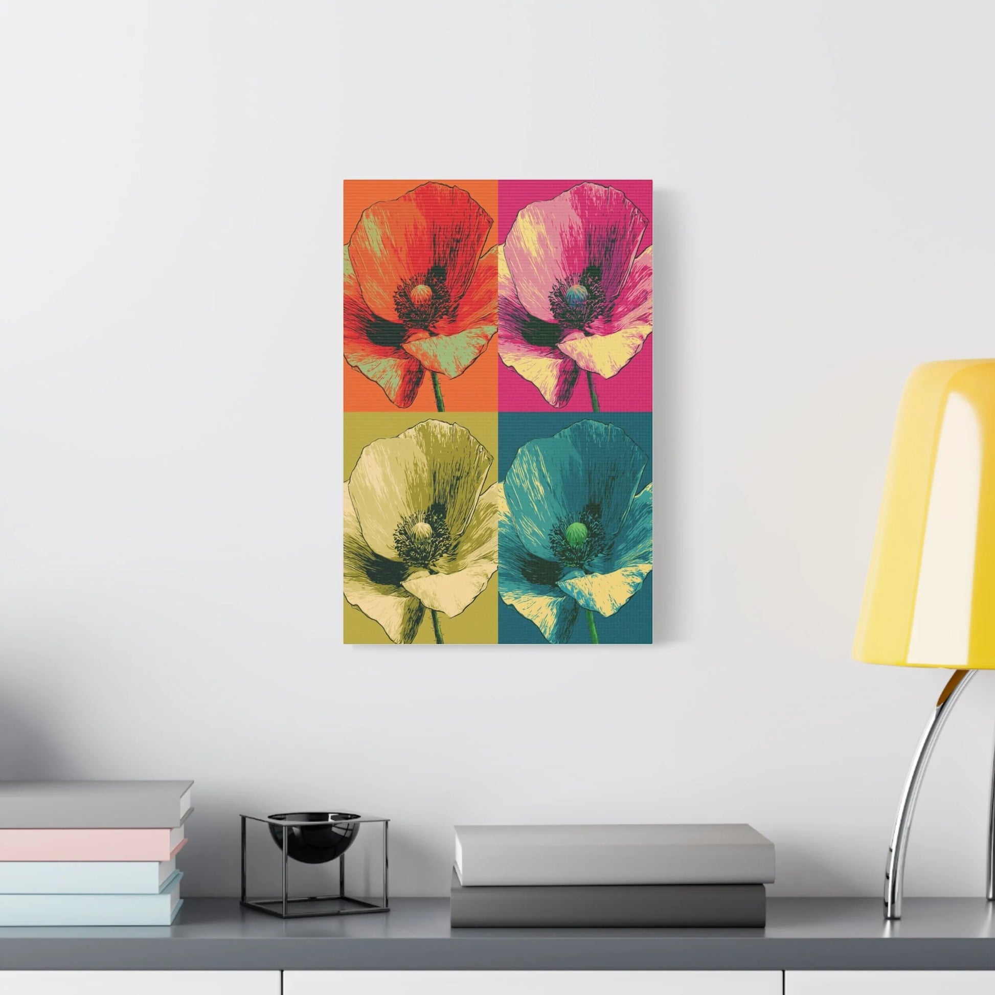 Tableau Coquelicots Pop Art - Quadriptyque Warhol - décor salon contemporain bois