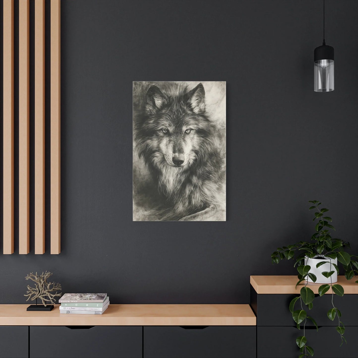 Tableau Loup Portrait - Fusain Noir et Blanc - format XXL pièce de réception