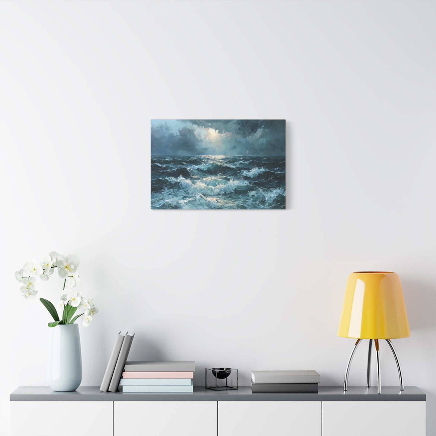 Mer houleuse sombre sous un ciel orageux avec petit voilier a l horizon - Art Virtuoso - vue 10/20