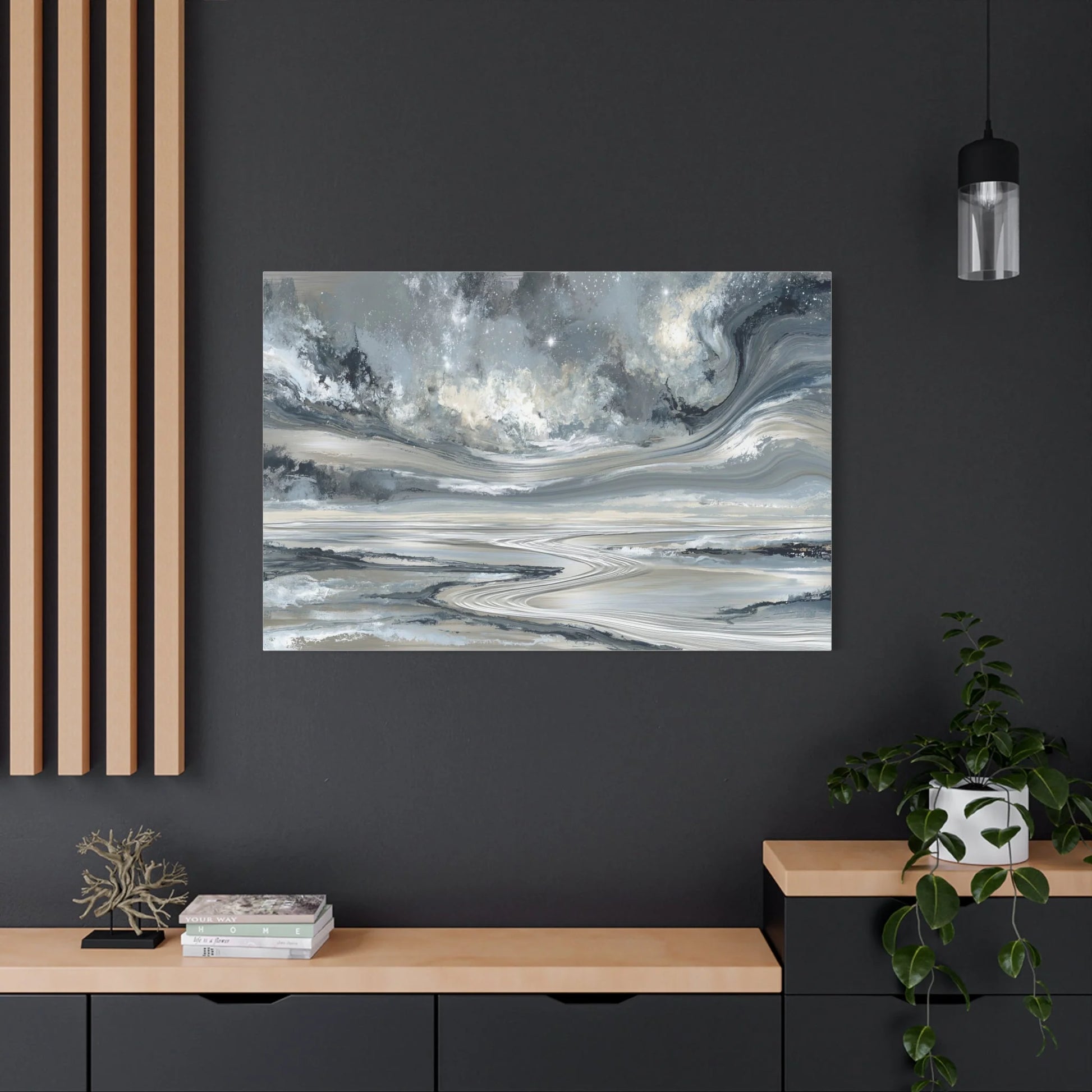 Tableau Argenté Gris - Ciel Orageux Étoilé — Art Virtuoso