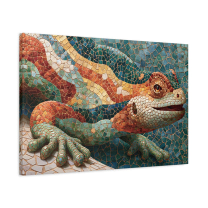 Tableau en Mosaïque Trencadís Gaudí Salamandre - Parc Güell - mise en scène mur pierre apparente