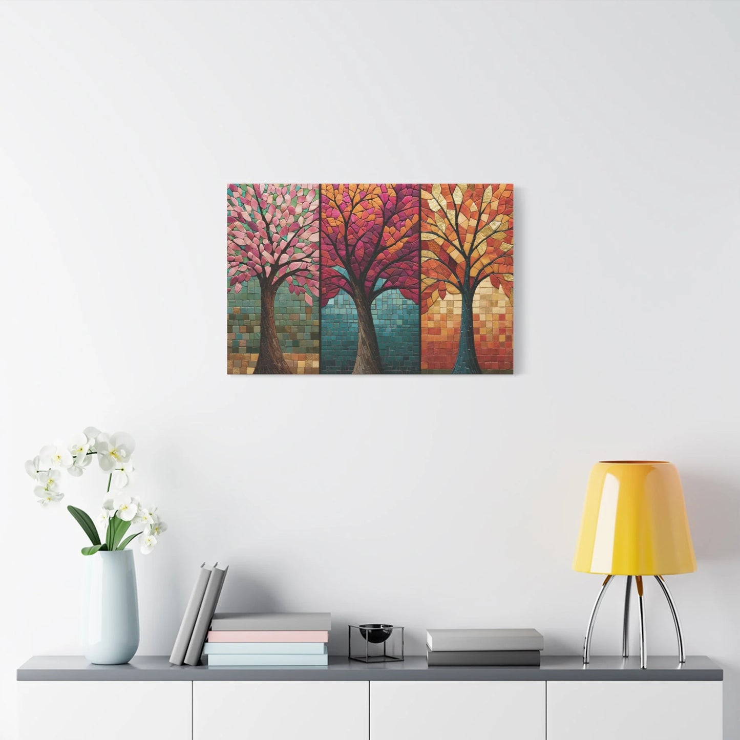 Tableau en Mosaïque Triptyque Arbre des Saisons - Cycle Vivant - grand format salon spacieux