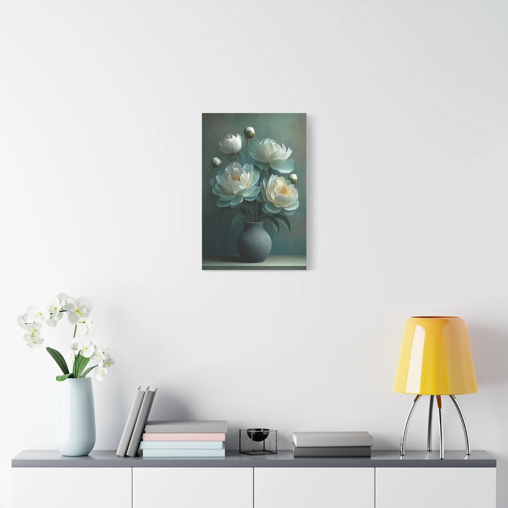 Tableau Pivoines vert sauge esprit nature morte classique