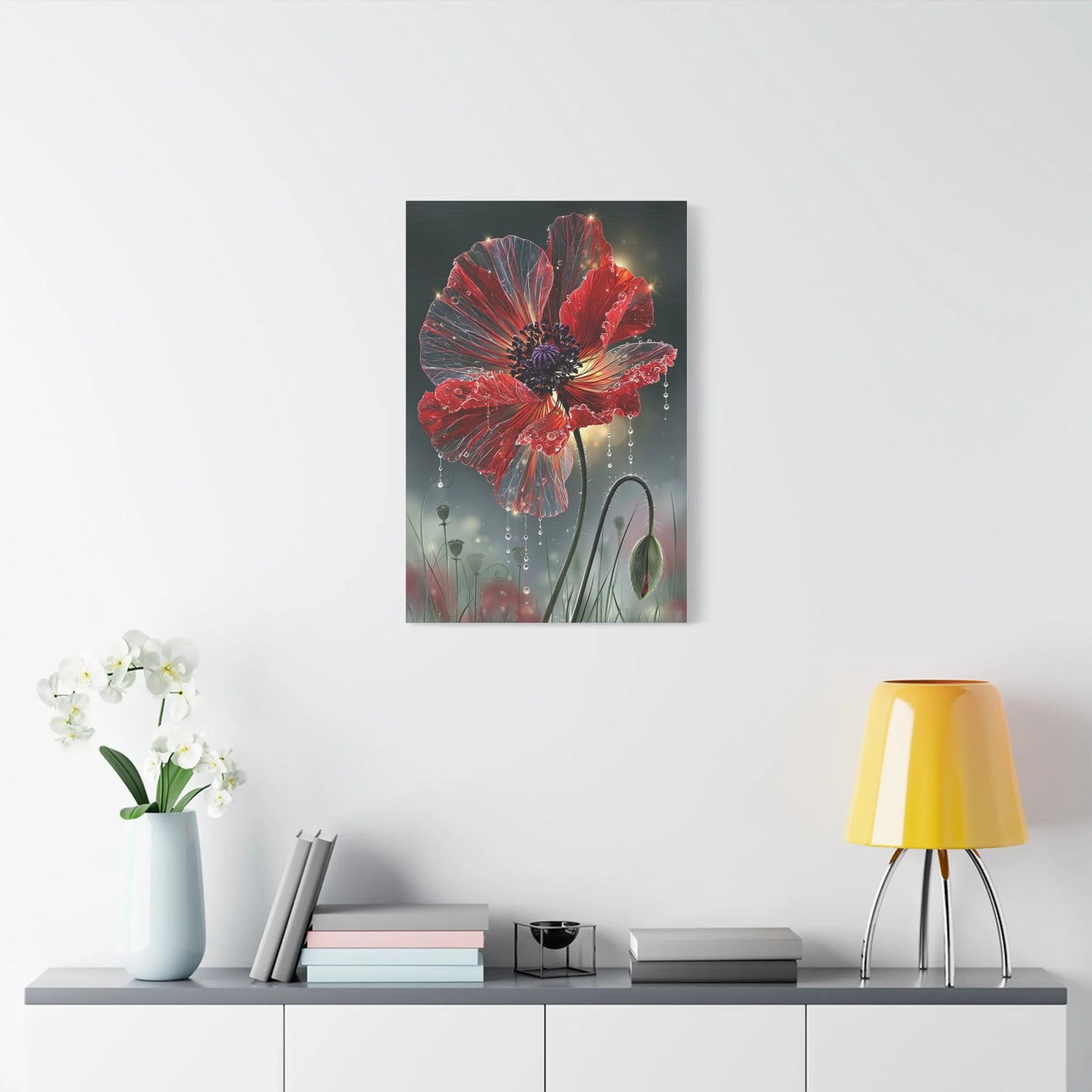 Tableau Coquelicot Macro - Pétales et Rosée d'Aube - grand format salon spacieux