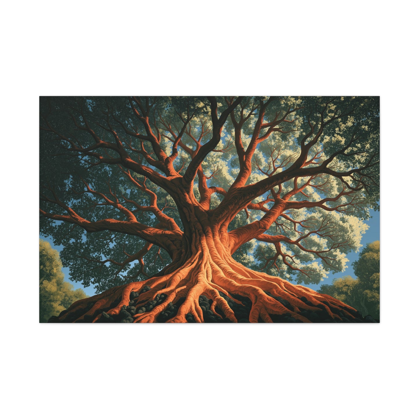 Tableau Yaxché Ceiba Maya Arbre de Vie, un ceiba monumental dont les racines rouges s’étendent sous une couronne sombre, format XXL - Art Virtuoso