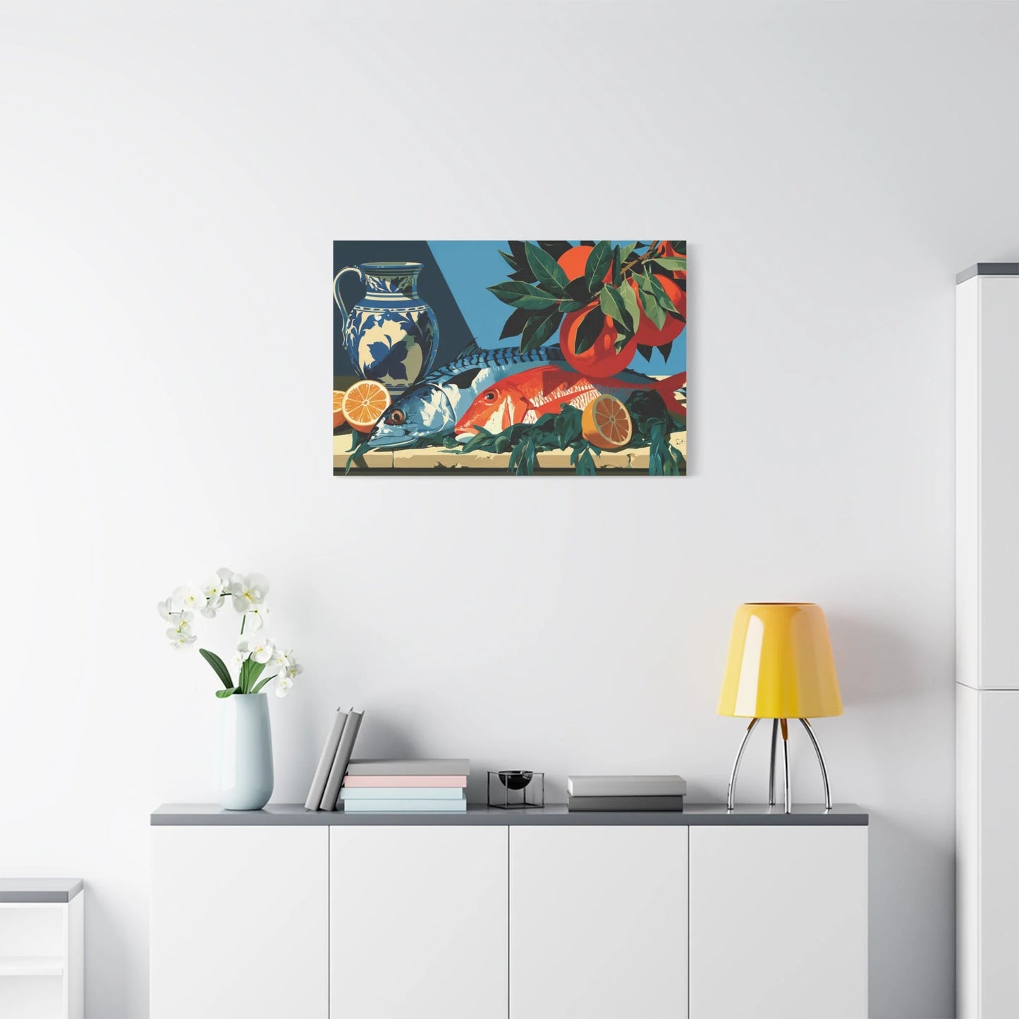 Tableau Nature Morte Poisson Corail Mer - Table Marine - ambiance loft haut de plafond